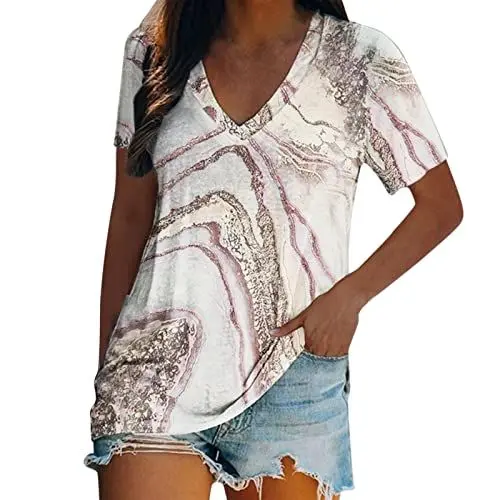 Produktbild: HOOUDO Damen Top Elegant Sommer Damen Kurzarm V-Ausschnitt Tie Dye Bedrucktes Top T-Shirts Freizeithemden T-Shirt Schwarzes Top Rückenfrei