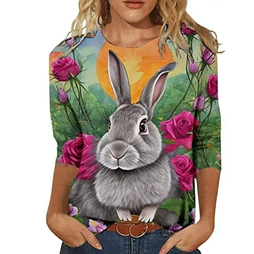 Produktbild: HOOUDO Damen Tops Sommer Damen Modetrend Damen Ärmel Bedruckt Cartoon Osterhase Tshirt Top Damen 2 Teiler Set