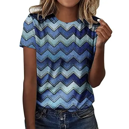Produktbild: HOOUDO Damen Tops Sommer Damen Sommer Casual Rundhals Kurzarm Top Faux Denim Bedrucktes T-Shirt Damen 2 Teiler Set