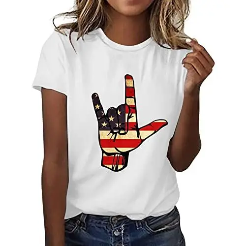 Produktbild: HOOUDO Damen Tops Sommer Independence Day Shirt Frauen Grafik T-Shirts für Frauen Top Crewneck Kurzarm Gestendruck Top Shirt Karo Kauer Damen