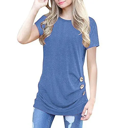Produktbild: HOOUDO Damen Tops Sommer Tunic-Ärmel Farbe Ausschnitt rund T-Shirt Kurze Knopf-Frauen solide Bluse lose Frauen-Bluse Rot