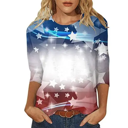 Produktbild: HOOUDO Damen Tshirt Elegant Damen T-Shirts mit DREI Vierteln Ärmeln Frühling Sommer Lässige Oberteile Rundhals Bequeme Hemden Rippenshirt Damen