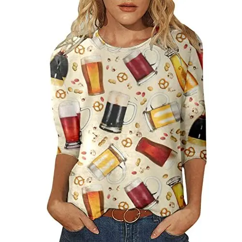 Produktbild: HOOUDO Damen Tshirt Elegant Dreiviertelärmel, Rundhals-T-Shirt, Bedruckt, lockere, seitlich Geteilte Tunika-Bluse Sexy Kostüme