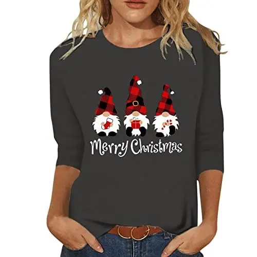 Produktbild: HOOUDO Damen Tshirt Elegant Weihnachten GNOME Brief Drucken Rundhalsausschnitt Ärmel Tops T Shirt Bluse Totenkopf Leggings Damen