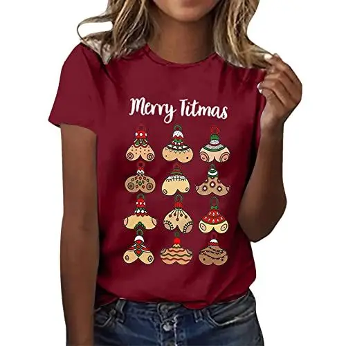 Produktbild: HOOUDO Damen Tshirt Elegant Weihnachts-Grafik-T-Shirt für Frauen, lustig, süß, Kakao-Oberteil, Film, Rundhalsausschnitt, Kurzarm-T-Shirt, Bluse Wickeltop Damen