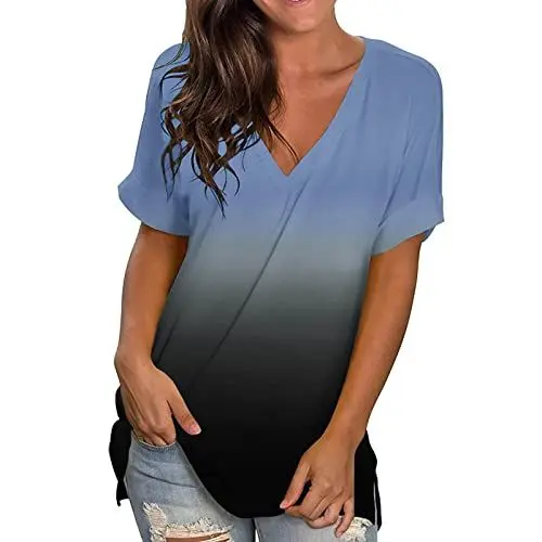 Produktbild: HOOUDO Damen Tshirt Sommer Lässige Sommer-Tops für Damen, Blumen-Kurzarm-T-Shirt mit V-Ausschnitt, Bedruckt, lose, seitlich Geteilte Tunika Unterzieher Damen Hemd