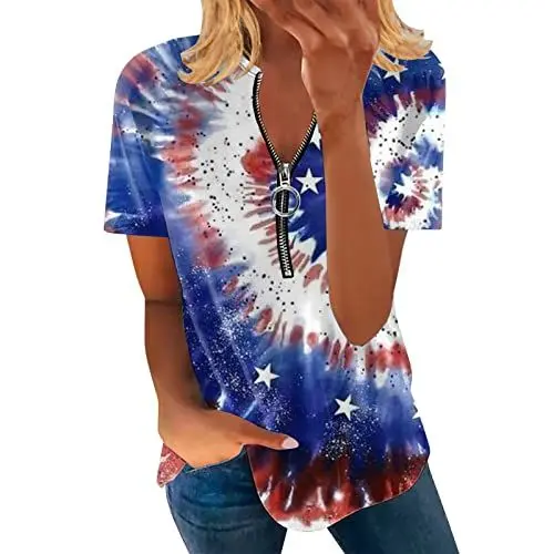 Produktbild: HOOUDO Damen Tshirt Sommer Sommer Tops für Frauen Reißverschluss V-Ausschnitt T-Shirts Kurzarm lockere Freizeitbluse Fledermausärmel