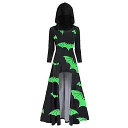 Produktbild: HOOUDO Frauen Halloween Kostüme für Erwachsene Frauen Karnevalskleider Langarm-Vintage-Fledermaus mit Kapuzen-bedruckten Kapuzenkleid Langes Enges Kleid