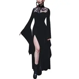 Produktbild: HOOUDO Gothic Kleid Damen Mittelalter Damen Sexy Split Lace Ausschnitt Patchwork Lange ausgestellte Ärmel Halloween Hexenkostüm Kleid Gothic-Kleidung Für Damenoberteile