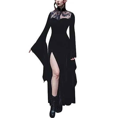 Produktbild: HOOUDO Gothic Kleid Damen Mittelalter Damen Sexy Split Lace Ausschnitt Patchwork Lange ausgestellte Ärmel Halloween Hexenkostüm Kleid Gothic-Kleidung Für Damenoberteile