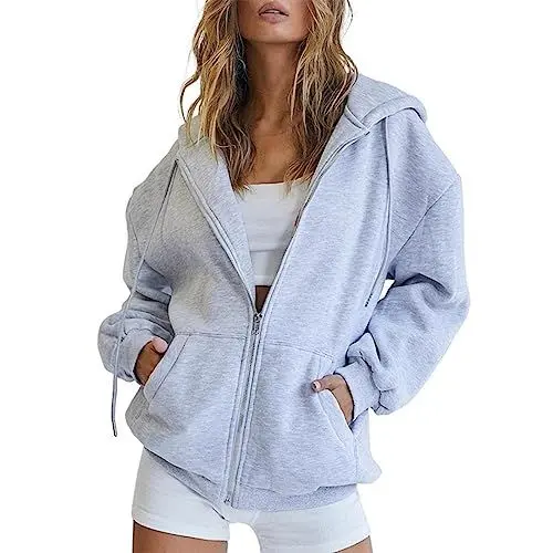 Produktbild: HOOUDO Hoodie Damen Sweatjacke Oversize Zip Up Hoodie Kapuzenjacke Casual Pullover Oberteile Kapuzenpullover Herbst Winter Sweatshirt Jacke mit Kapuze Einfarbiges lässiges Sweatshirt