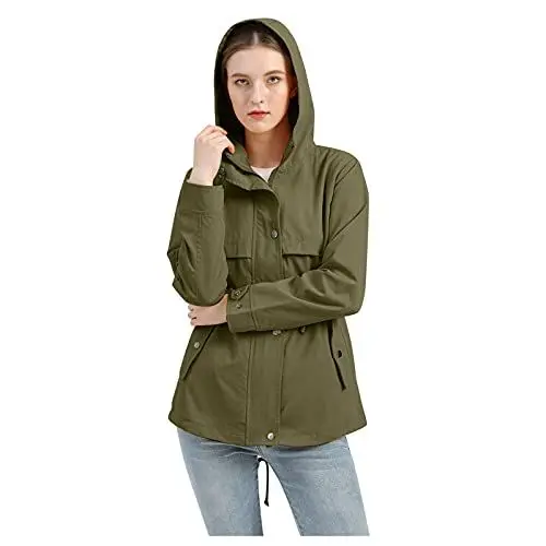 Produktbild: HOOUDO Regenjacke Damen Wasserdicht Atmungsaktiv Tunika Outdoor Wandermantel Jacke Sommer Daunenjacke Damen in Damen - Jacken (Army Green, L)
