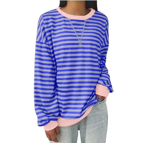 Produktbild: HOOUDO Sale Angebote Blitzangebote Damen Oversized Sweatshirt mit Streifenmuster, Farbblock, Langarm, Rundhalsausschnitt, lässig, lockeres Pullover-Shirt Wanderpullover Bas Sale Angebote Bestellung