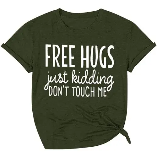 Produktbild: HOOUDO Sale Angebote Blitzangebote Lässiges, kurzärmliges Damen-T-Shirt mit Rundhalsausschnitt „Just Kidding Dot Me“ mit Buchstaben-Aufdruck Flanellhemd Reißverschluss Dame Sale Angebote Bestellung