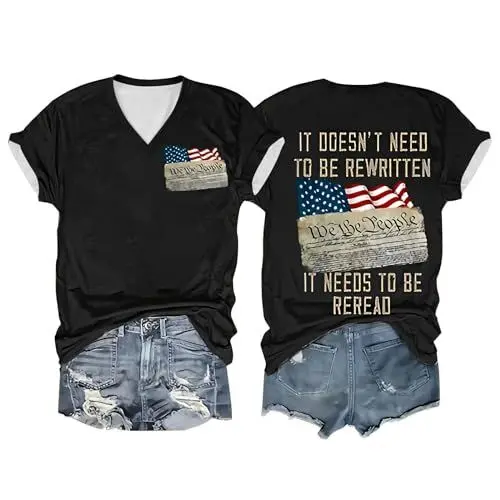 Produktbild: HOOUDO Sale Angebote Blitzangebote Modisches Damen-T-Shirt mit V-Ausschnitt und kurzen Ärmeln. „It Doesn't Need to Be Rewrited It Needs to Be Reread“ Bedrucktes Top-T-Sh Meine Bestellungen Anzeigen