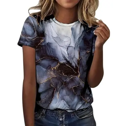 Produktbild: HOOUDO Sale Angebote Damen-T-Shirt mit Batik-Farbverlauf, Bedruckt, kurzärmelig, Rundhals-T-Shirt, modisches Oberteil, leicht, weich, lässig, Sommerkleidung Rave Outfit Meine Bestellungen Anzeigen