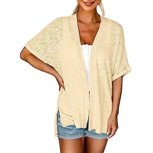 Produktbild: HOOUDO Sale Angebote Damen 2023 Sommer leichte Strickjacke Kurzarm vorne offen lässig lose Cover-Ups Tops Bluse Shirt Damen Oberteile Damen Oversize Top Damen Kurzarm Bluse Sale Angebote Bestellung