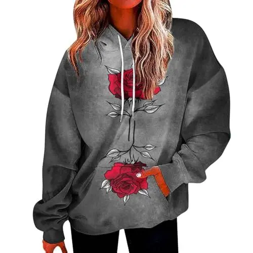 Produktbild: HOOUDO Sale Angebote Langärmliges Sweatshirt für Damen mit Taschen mit Buchstaben-Farbverlauf und Kapuzenpullover Damen Große Größen Langarm Gothic Kleidung Damen Stillblus Sale Angebote Bestellung