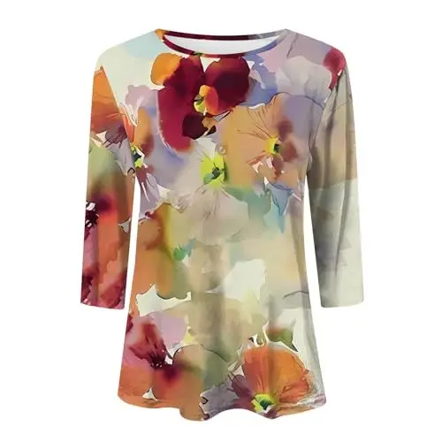 Produktbild: HOOUDO Sale Angebote Oberteile für Damen, lässig, Sommeroberteile, Dreiviertelärmel, Rundhalsausschnitt, T-Shirt, Bedruckt, lockere, seitlich Geteilte Tunika-Bluse Rotes to Sale Angebote Bestellung