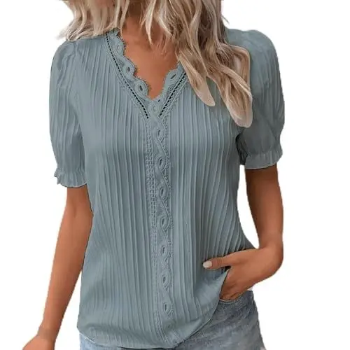 Produktbild: HOOUDO Sale Angebote Sale Angebote Abendblusen für Damen, Elegante Party-Kurzarmbluse in Übergröße, Puffärmelhemd, ausgehöhlter V-Ausschnitt, Tunika-Blusen Damen Bluse Kurz Sale Angebote Bestellung