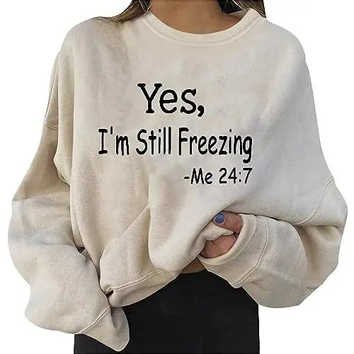 Produktbild: HOOUDO Sale Angebote Sale Angebote Damen-Oberteil mit Rundhalsausschnitt und Langen Ärmeln, „Yes I'm Cold“-Buchstabendruck & Damen Blusen Festlich Elegant Junggesellenabsch Sale Angebote Bestellung