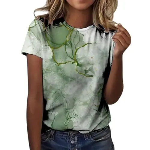 Produktbild: HOOUDO Sale Angebote Sale Angebote Damen-T-Shirt mit Batik-Farbverlauf, Bedruckt, kurzärmelig, Rundhals-T-Shirt, modisches Oberteil, leicht, weich, lässig, Sommerkleidun Meine Bestellungen Anzeigen