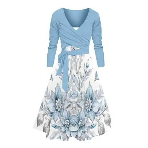 Produktbild: HOOUDO Sale Angebote Sale Angebote Damen/Winter Kleid Blumendruck Einfache Langarm Große Größe Zweiteiler Minikleid Rot Maxikleid Schwarz Sommer Kleid Midi Mit Ärmeln Miniklei Mein Bestellung Sale