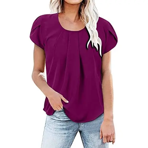 Produktbild: HOOUDO Sale Angebote Sale Angebote Damen Sommer Casual Rundhals Plissee Puffärmel Einfarbig Plissee Chiffon Kurzarm Top Shirt Sexy Damen Rot Weiß Ringelshirt Crop Top Gl Meine Bestellungen Anzeigen