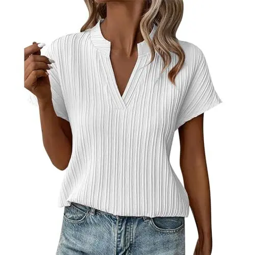 Produktbild: HOOUDO Sale Angebote Sale Angebote Damen T-Shirt mit V-Ausschnitt, gestreift, kurzärmelig, lässig Spitzenshirt Damen Bluzen Modern Elegant Strandbekleidung Damen Tshirt Dam Sale Angebote Bestellung