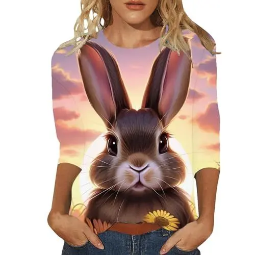 Produktbild: HOOUDO Sale Angebote Sale Angebote Damenoberteil mit 3/4-Ärmeln und Rundhalsausschnitt mit Osterhasen-Print Schönes Oberteil Mit Tiefem Ausschnitt Bluse Mit Spitze Mesh Meine Bestellungen Anzeigen