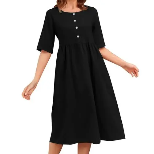 Produktbild: HOOUDO Sale Angebote Sale Angebote Einfarbiges, ärmelloses, lockeres Kleid aus Baumwolle und Leinen mit Rundhalsausschnitt und Tasche Enges Kleid Damen Kurz Sommerkleid Dam Sale Angebote Bestellung