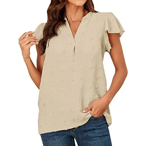 Produktbild: HOOUDO Same Day Angebote Sale Damen Sommerblusen V-Ausschnitt Rüschen Kurzarm Top Sommerhemden Punkte Elegante Chiffonbluse Sexy Damen Outfit Bluse Damen Lang Tunika Schwarz Da Mein Bestellung Sale