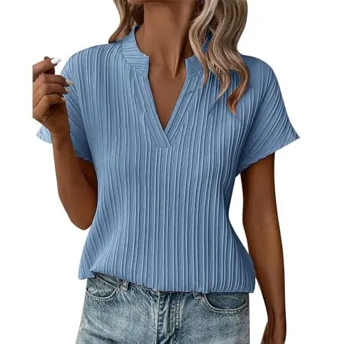 Produktbild: HOOUDO Same Day Angebote Sale Damen T-Shirt mit V-Ausschnitt, gestreift, kurzärmelig, lässig Spitzenshirt Damen Bluzen Modern Elegant Strandbekleidung Damen Tshirt Damen Meine Bestellungen Anzeigen