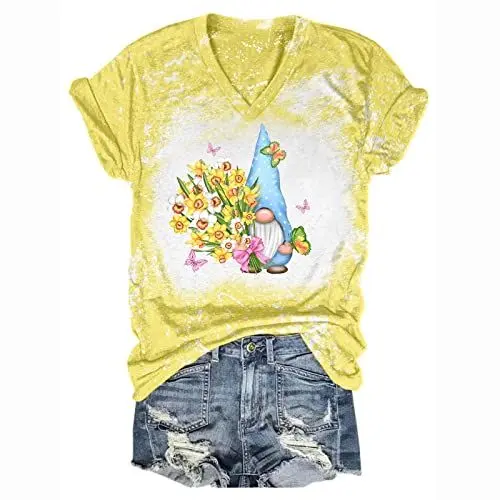 Produktbild: HOOUDO Same Day Angebote Sale Lockeres, kurzärmliges T-Shirt mit V-Ausschnitt für Damen zu Ostern Firmenfeier Blau Weiss Gestreiftes Longshirt Leopard Tshirt Damen Weiss Meine Bestellungen Anzeigen