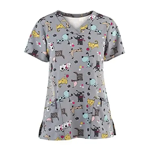 Produktbild: HOOUDO Sonderangebote Schnäppchen Frauen Kurzarm V-Ausschnitt Tops Arbeitsuniform Cartoon Print Bluse Schwarze T Shirt Pink Top Ladies Ladies Sparkly Top Lady Pink Tshirt J Sale Angebote Bestellung