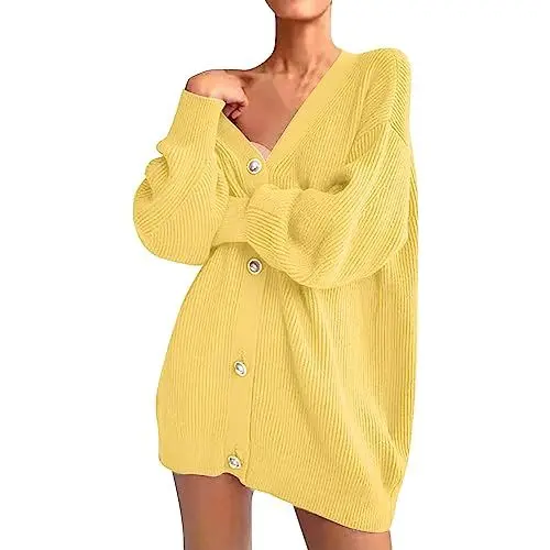 Produktbild: HOOUDO Strickjacke Damen Elegant Ärmeln, einfarbig, lockere Strickjacke Strickweste Schwarz (Yellow, L)