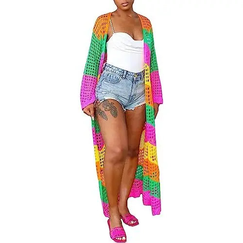 Produktbild: HOOUDO Strickjacke Damen Lang Kimonos, Boho, einfarbig, übergroß, für den Sommer, vorne offen Zehenring Set (Hot Pink, One Size)