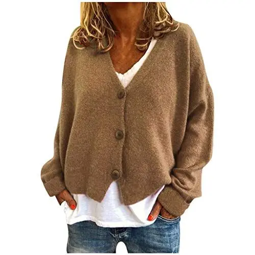 Produktbild: HOOUDO Strickjacke Damen Lang Knöpfe Casual Stretchy Strickpullover Strickjacke Mantel Grauer Cardigan Damen (Khaki, XL)