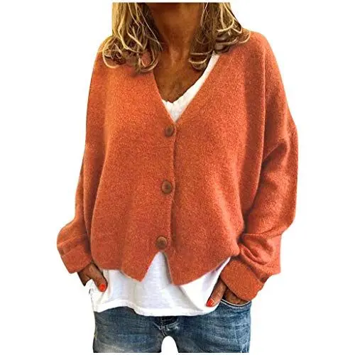 Produktbild: HOOUDO Strickjacke Damen Lang Knöpfe Casual Stretchy Strickpullover Strickjacke Mantel Grauer Cardigan Damen (Orange, L)