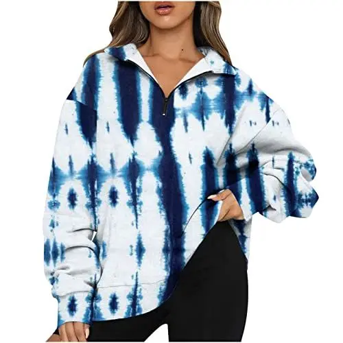 Produktbild: HOOUDO Sweatshirt Damen Damen, Halbreißverschluss, Langarm-Sweatshirt, Viertelreißverschluss, Kapuzenpullover, Teenager-Mädchen, Herbstbluse, Kleidung Ledermantel Herren (Blue, XL)