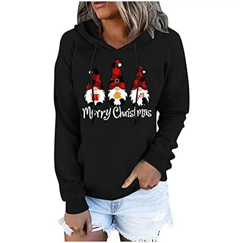 Produktbild: HOOUDO Sweatshirt Damen Mit Kapuze Damen-Langarm-Kapuzen-Weihnachtsbuchstabe-Druc Ledermantel Damen (Black, S)