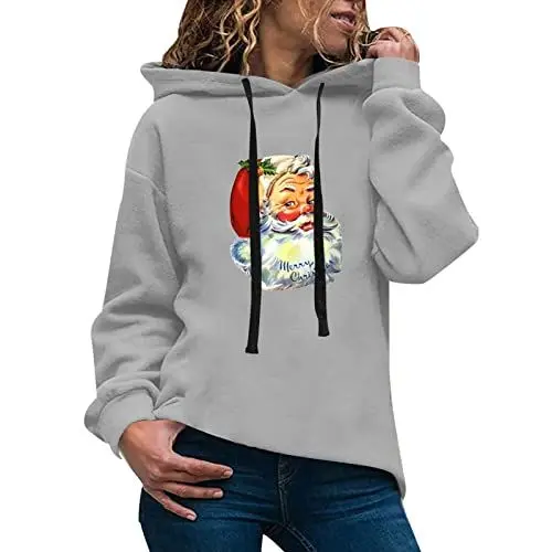Produktbild: HOOUDO Sweatshirt Damen Oversized Hoodie, Weihnachtsdruck, Sweatshirt Ledermantel Damen (Grey, L)
