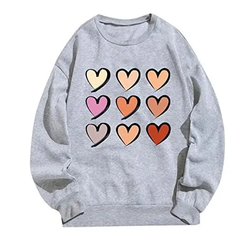 Produktbild: HOOUDO Sweatshirt Damen Oversized langärmelig, O-Ausschnitt, weiches Liebesherz, bedrucktes Hemd, Winter-Sweatshirts, Oberteile Ledermantel Herren (Grey, XL)