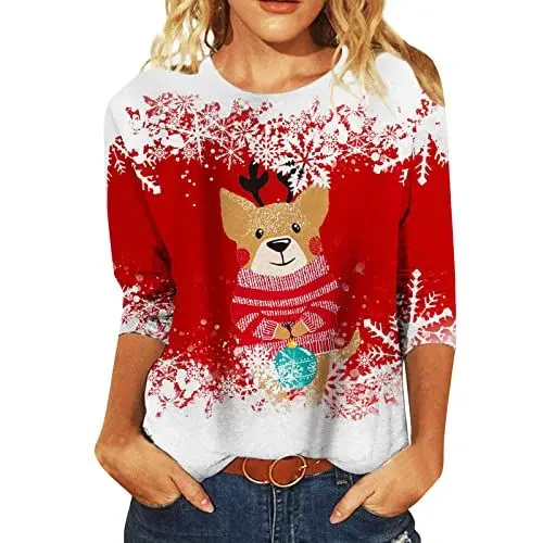 Produktbild: HOOUDO Sweatshirt Damen Rundhals-Kontrast-Freizeit-T-Shirt mit mittleren Ärmeln Bonprix Pullover Damen (P, L)