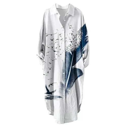 Produktbild: Sommerkleid Damen Leinen Kleider Lang Hemd Tops Leinen Kleider Blumendruck Boho Baumwolle Leinen Oversized Leinenkleider Große Größen Revers A-Linie Kleid Strandkleid Tshirt Kleid Langarm
