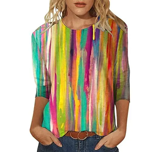 Produktbild: HOOUDO Tshirt Damen 3/4 Ärmel Lang O Neck Tops Dreiviertelärmel Rundhals T-Shirt Bedruckte 3D- Loose Side Split Bluse Tunika Anziehsachen Damen