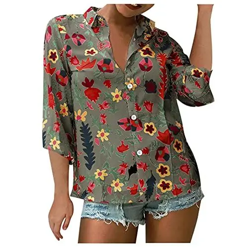 Produktbild: HOOUDO Tunika Damen Langarm für Frauen Weites Shirt Damen Klassischer Pullover mit Rundhalsausschnitt mit Lockerem und elegantem Print