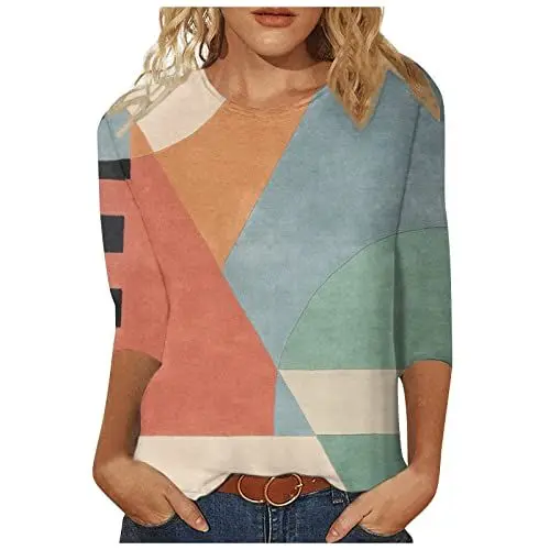Produktbild: HOOUDO Tunika Damen Langarm geometrischem Farbblockdruck, Modeoberteilen Hemd Unter Pullover Damen (Orange, M)