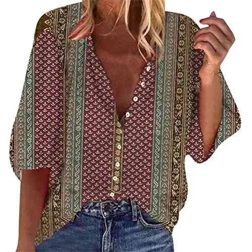 Produktbild: HOOUDO Tunika Damen Langarm quadratischer Ausschnitt, T-Shirts für den Sommer, lässige T-Shirts Spirit Shirt (C, XXXL)