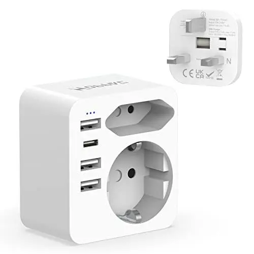 Produktbild: Hoppac UK Adapter,6 in 1 Adapter England Deutschland Stecker,Reiseadapter UK Mit 3USB Und 1USB C 3.4A,Adapter England Wird Mit Einem Europeo-Und Schuko-Stecker Geliefert Typ G FüR England,Irland,Dubai